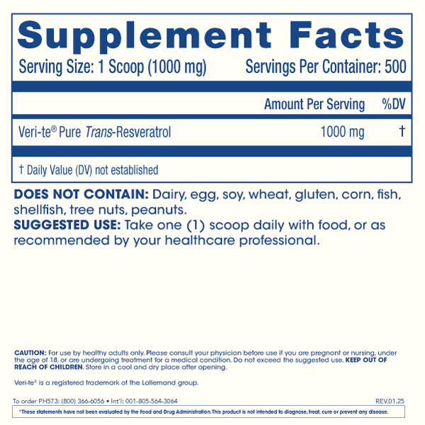 
                  
                    Bulk Micronized Trans-Resveratrol Powder - 1 kilo Supplement Facts Image
                  
                