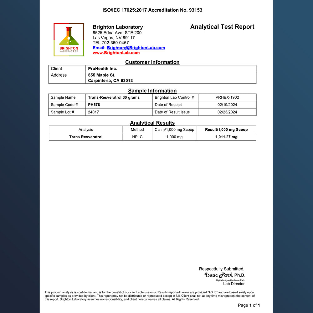 
                  
                    Trans-Resveratrol Pure Micronized Powder Certificate of Analysis
                  
                