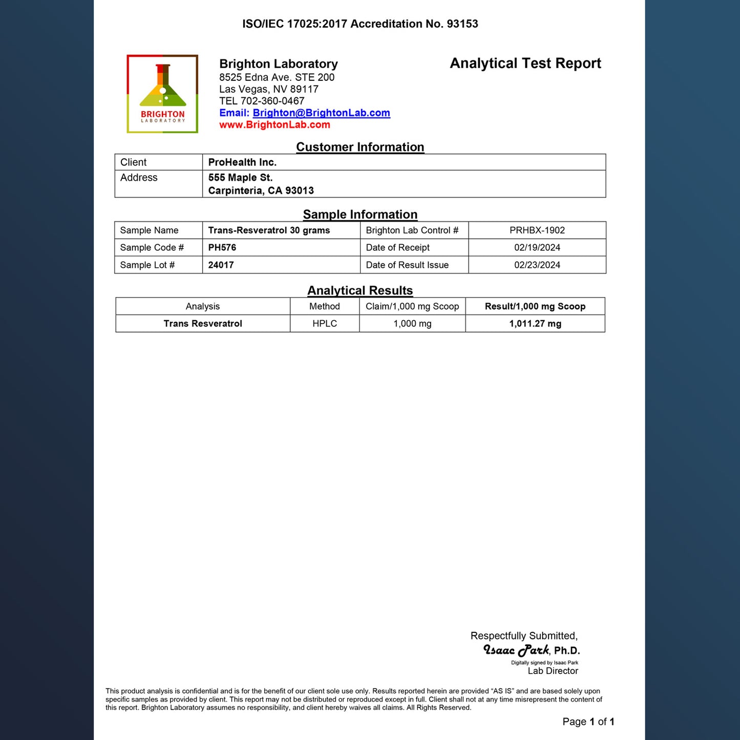 
                  
                    Trans-Resveratrol Pure Micronized Powder Certificate of Analysis
                  
                