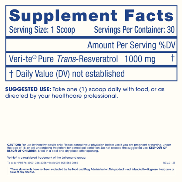 
                  
                    Pure Trans-Resveratrol Pure Micronized Powder Supplement Facts Image
                  
                