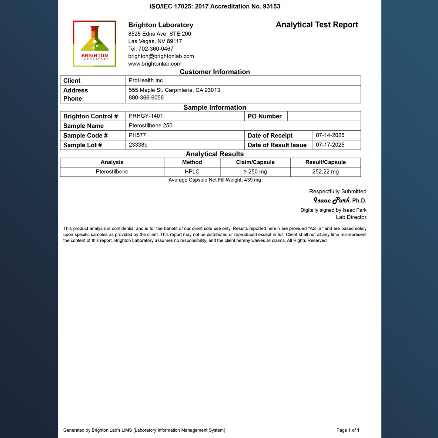 
                  
                    Pterostilbene Pro 250 Certificate of Analysis
                  
                