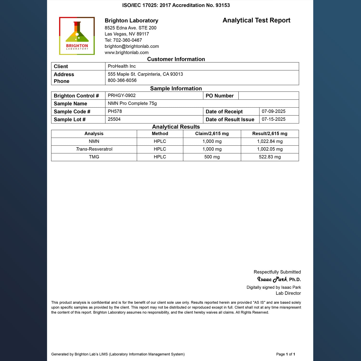 NMN Pro™ Complete Certificate of Analysis