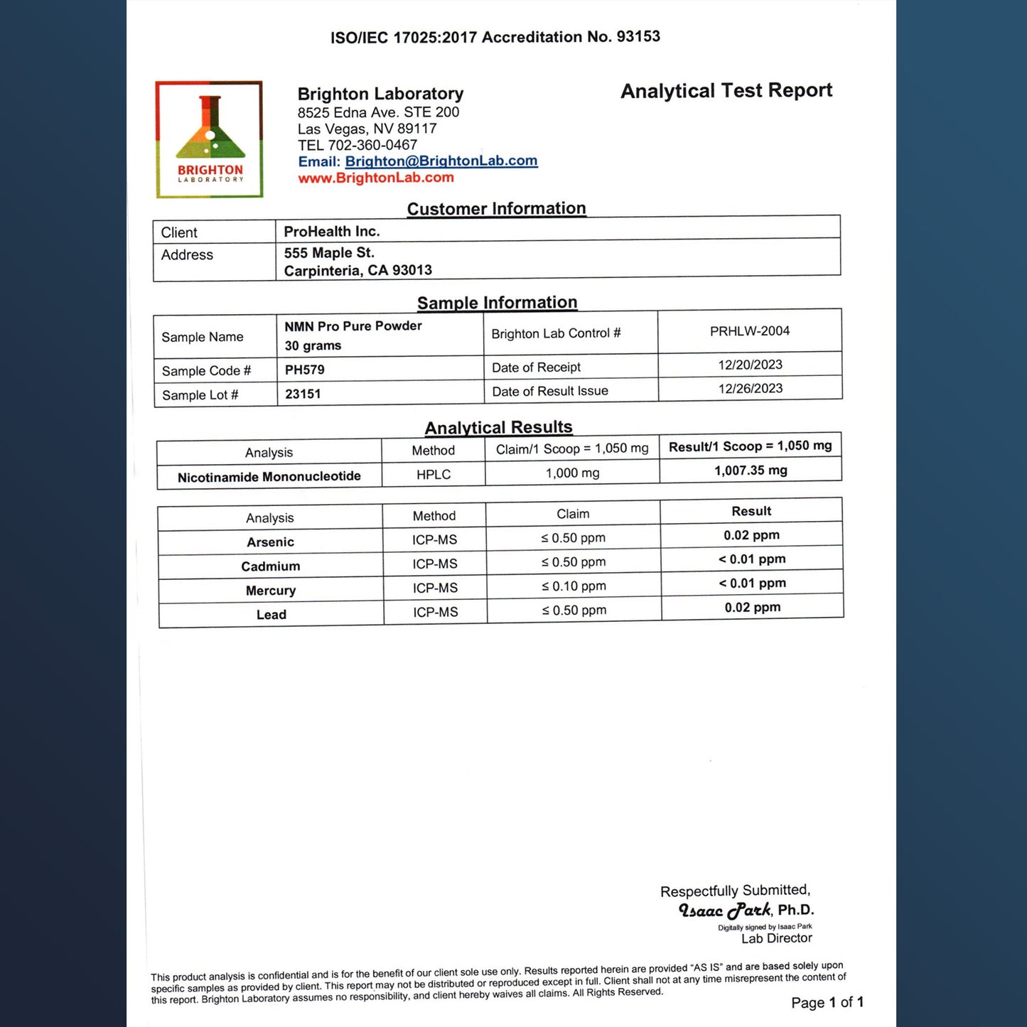 
                  
                    NMN Pro™ Powder Certificate of Analysis
                  
                