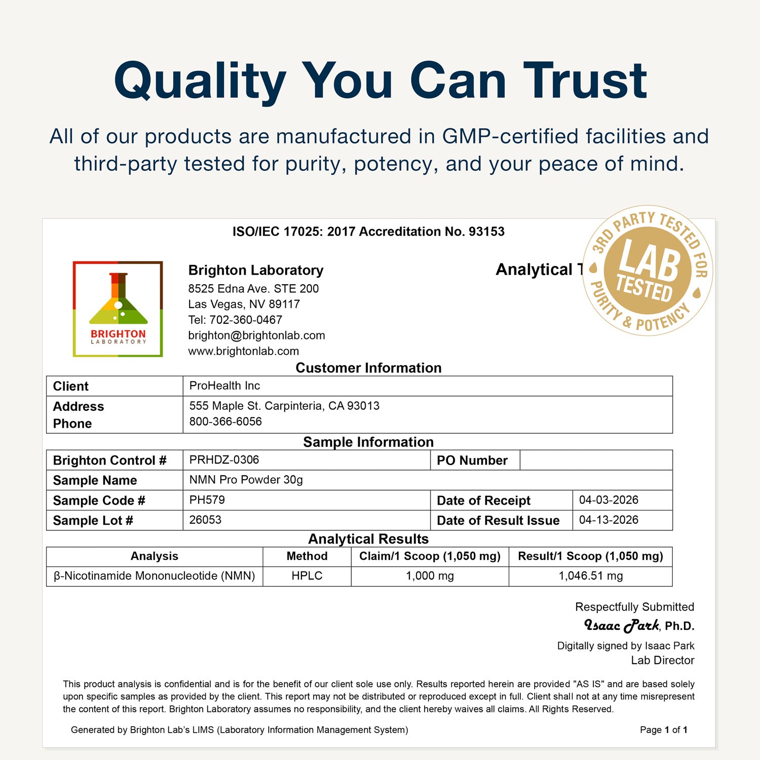 NMN Pro™ Powder 30 grams Certificate of Analysis