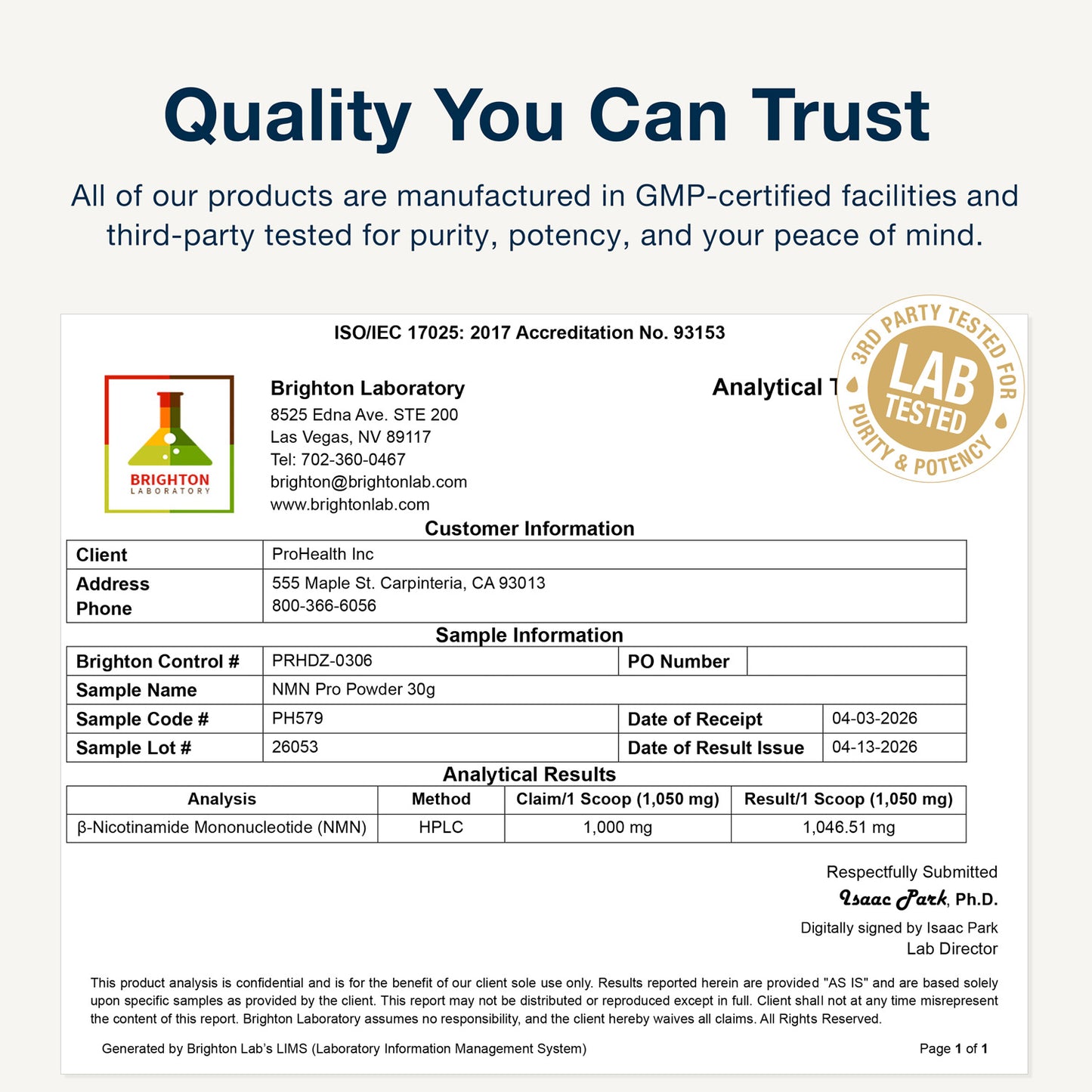 
                  
                    NMN Pro™ Powder 30 grams Certificate of Analysis
                  
                
