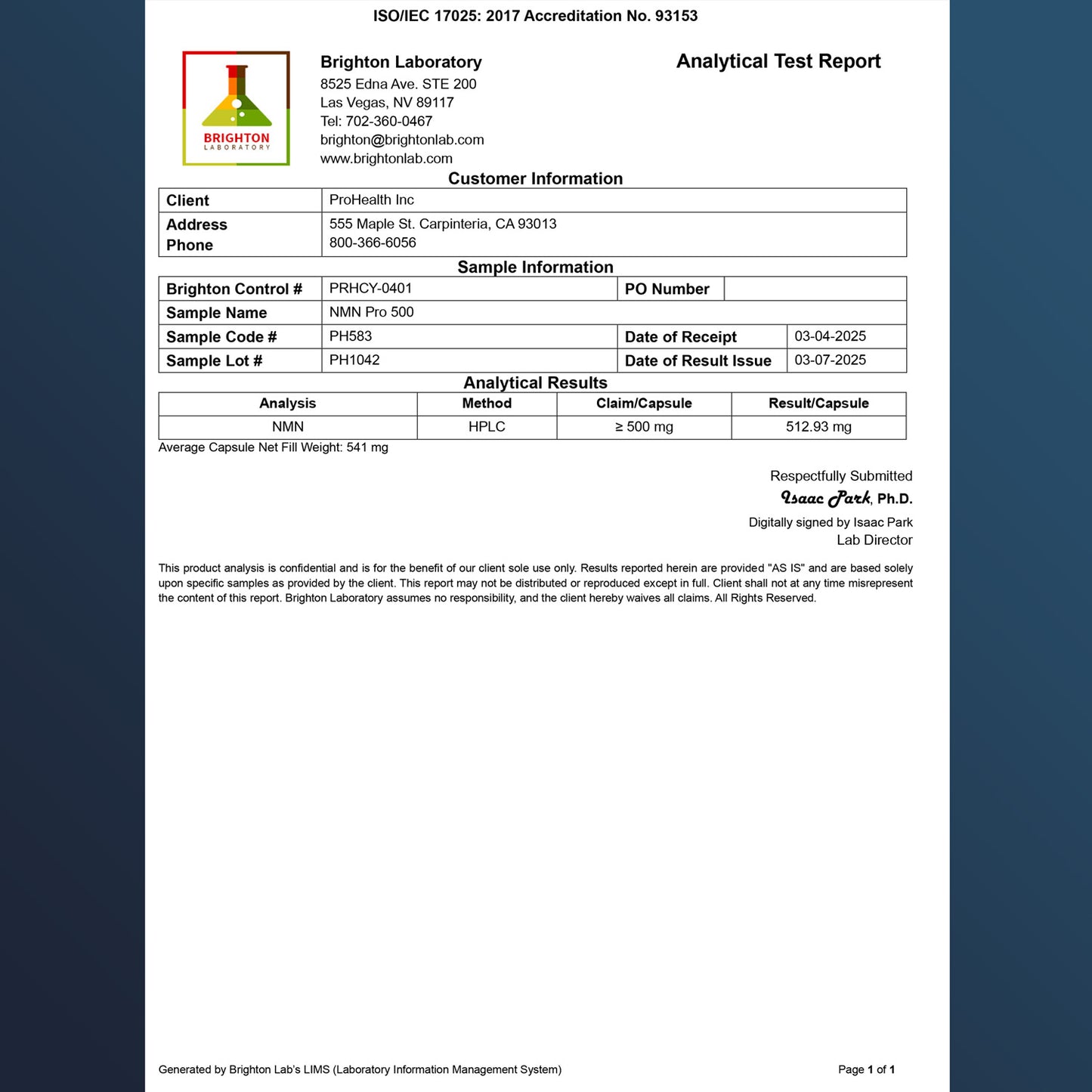 
                  
                    NMN Pro 500™ Certificate of Analysis
                  
                
