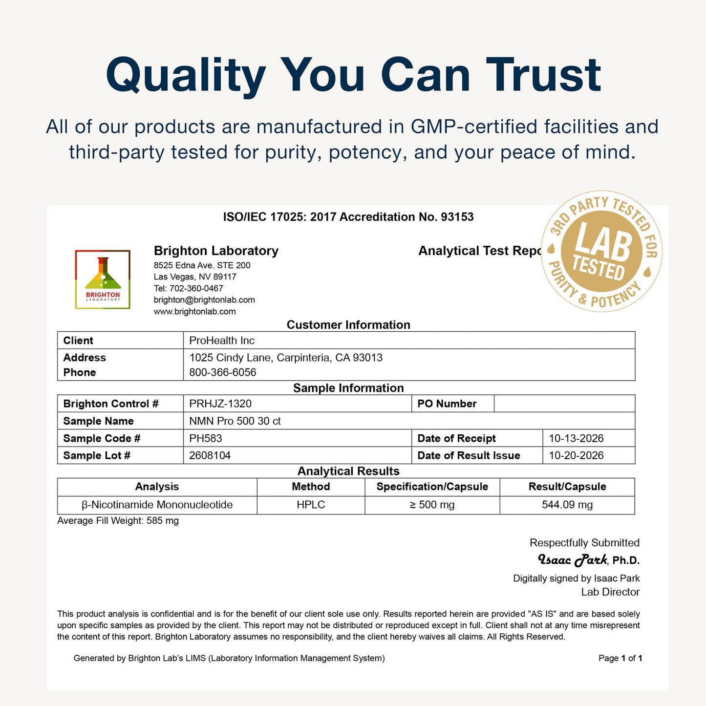 
                  
                    NMN Pro 500™ Certificate of Analysis
                  
                