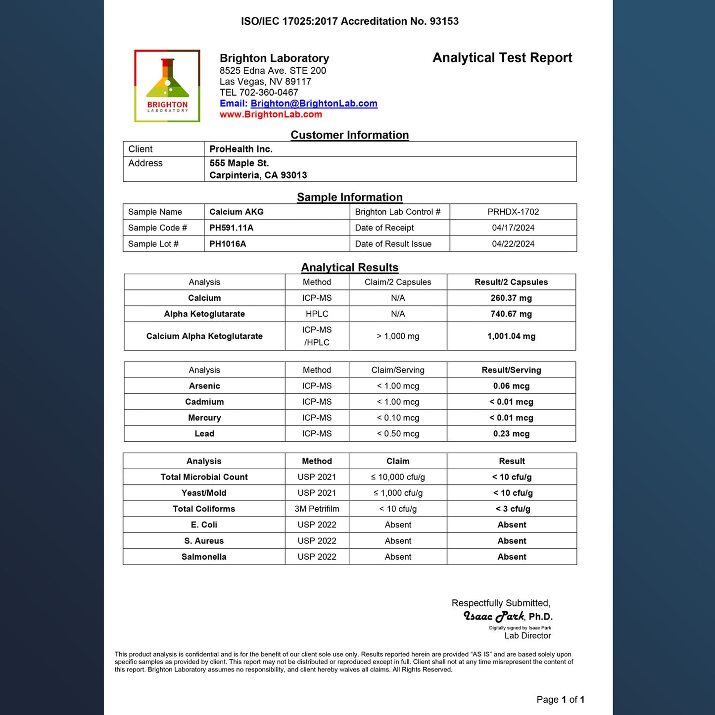 
                  
                    Certificat d'analyse de longévité Calcium AKG
                  
                