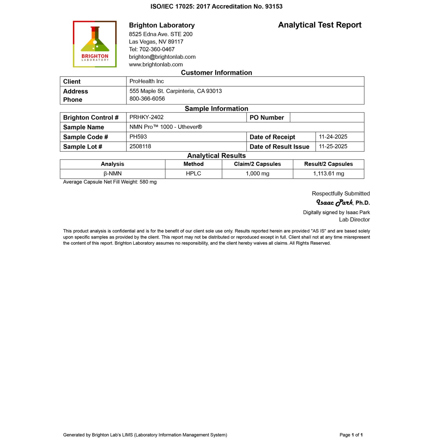 
                  
                    NMN Pro 1000™ Certificate of Analysis
                  
                