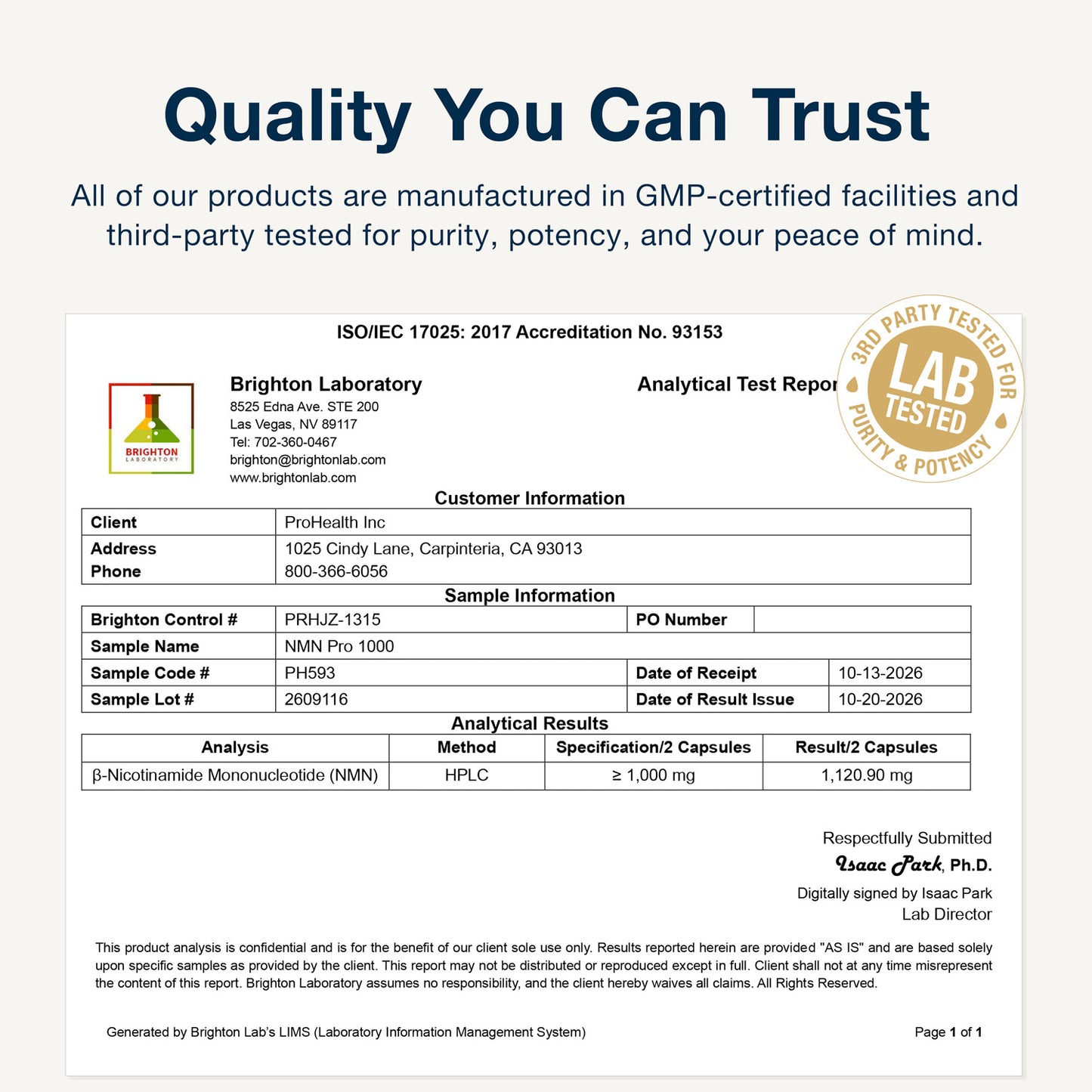 
                  
                    NMN Pro 1000™ Certificate of Analysis
                  
                