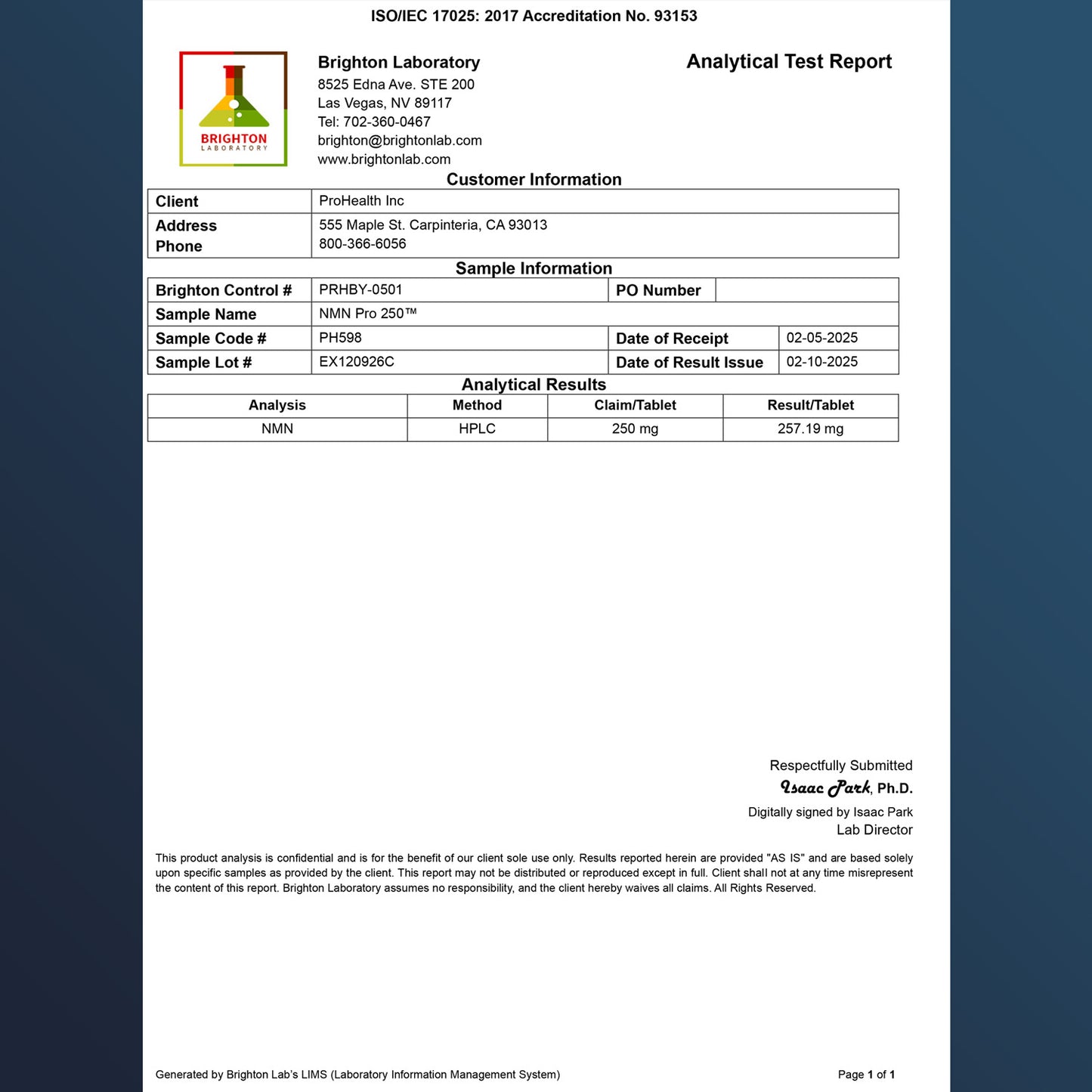 
                  
                    NMN Pro 250™ Sustained Release Certificate of Analysis
                  
                