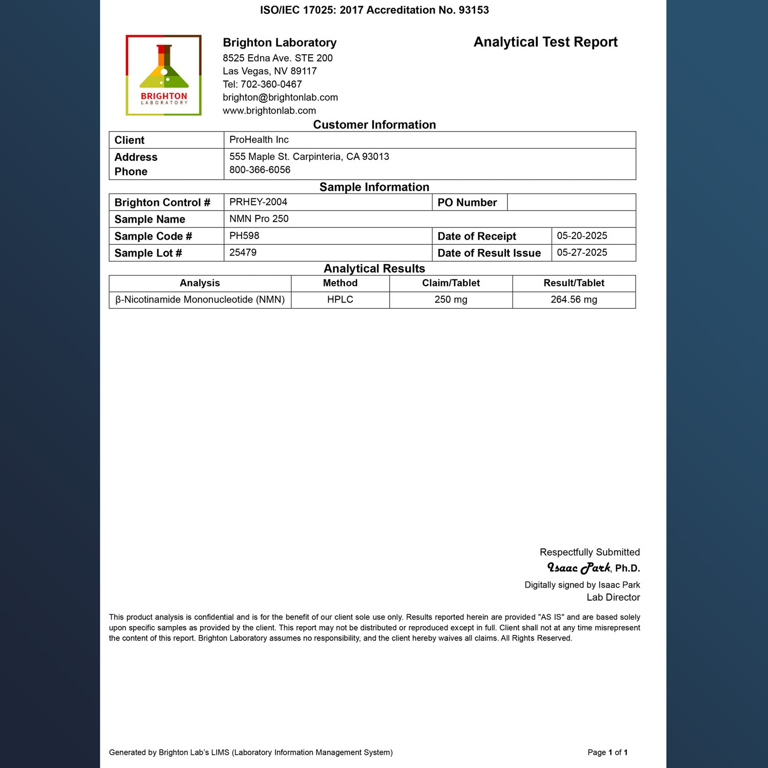 NMN Pro 250™ Sustained Release Certificate of Analysis