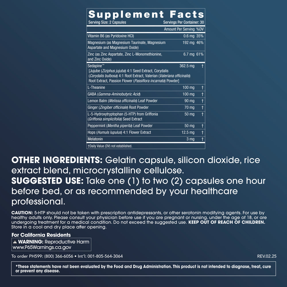 Sleep Longevity with Sedapine™ Supplement Facts and Label Information