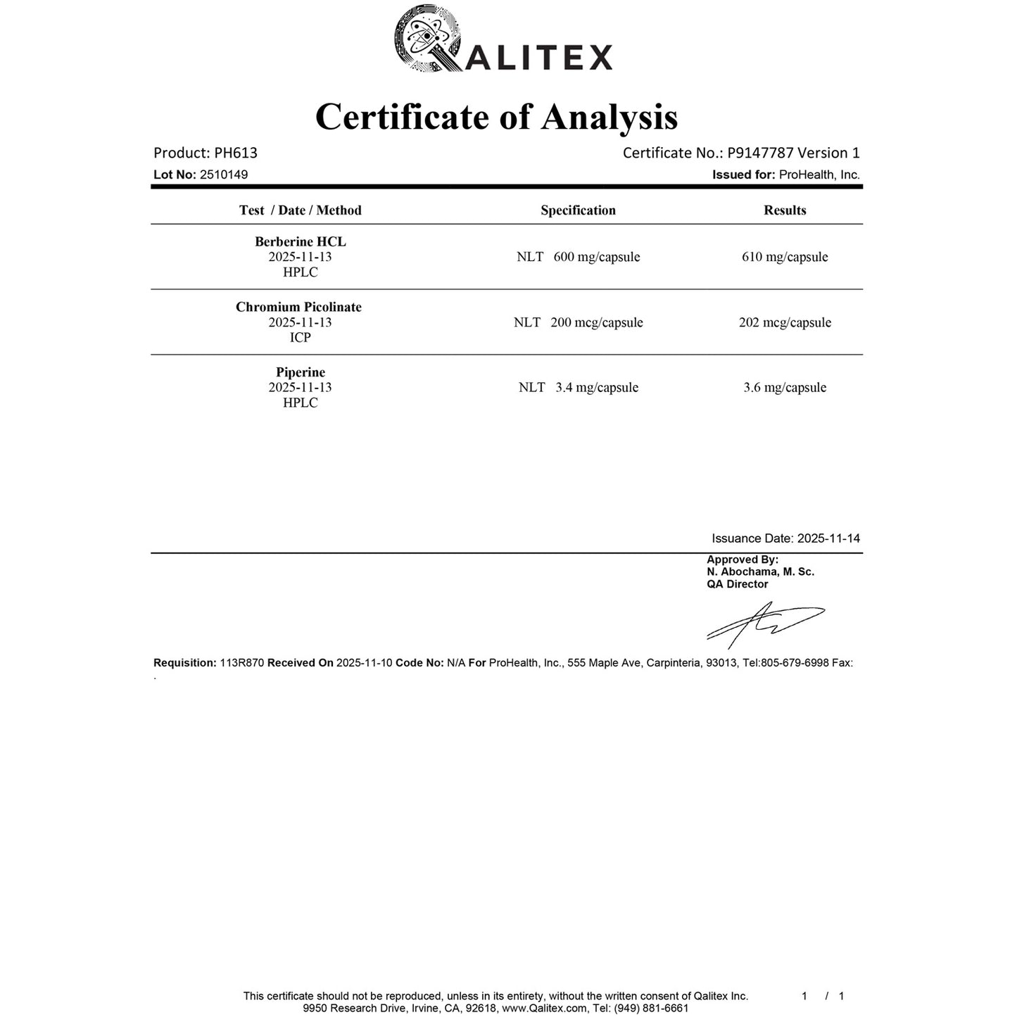 
                  
                    Berberine Pro Certificate of Analysis
                  
                