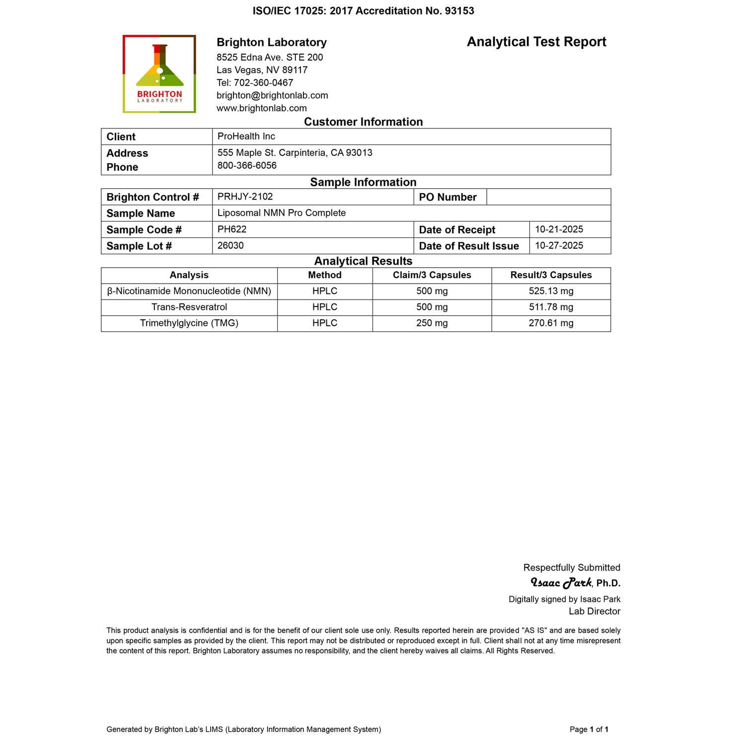 Liposomal NMN Pro Complete Certificate of Analysis