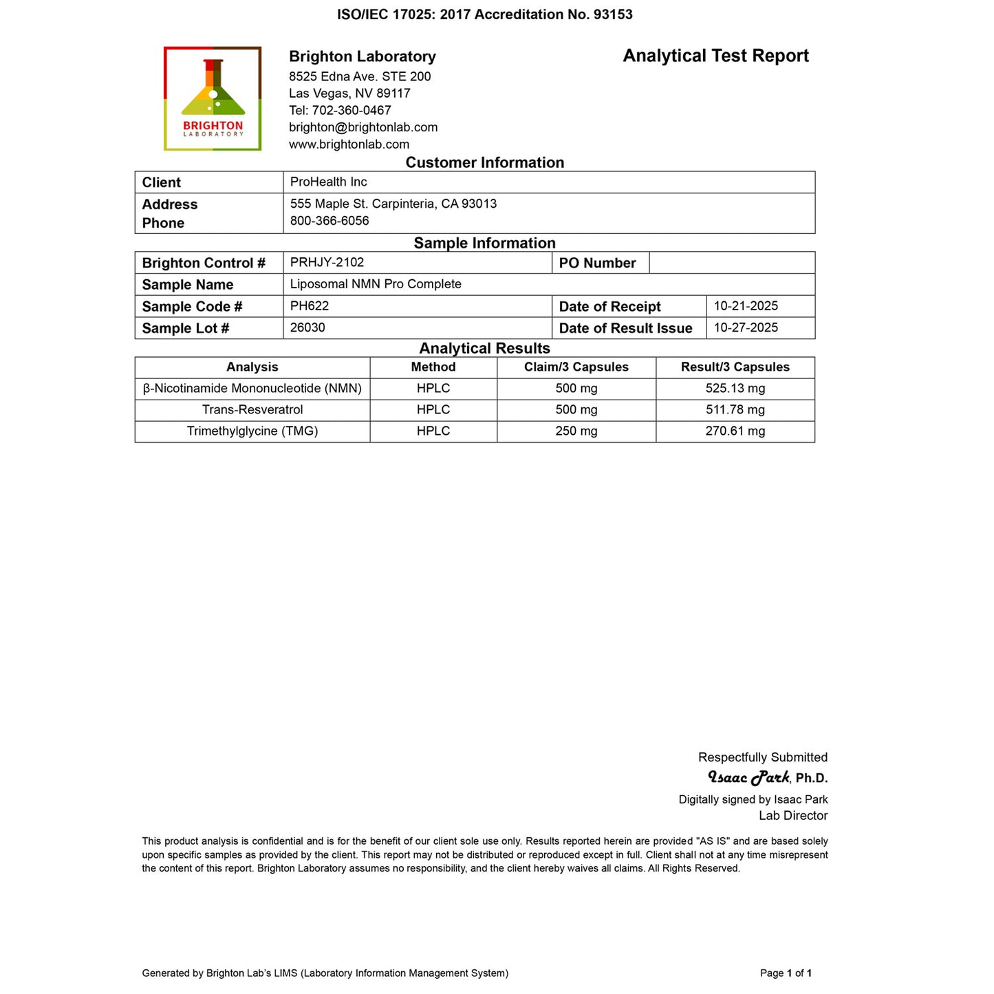 
                  
                    Liposomal NMN Pro Complete Certificate of Analysis
                  
                