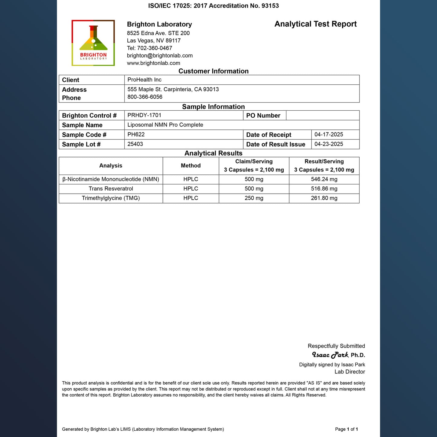 
                  
                    Liposomal NMN Pro Complete™ Certificate of Analysis
                  
                