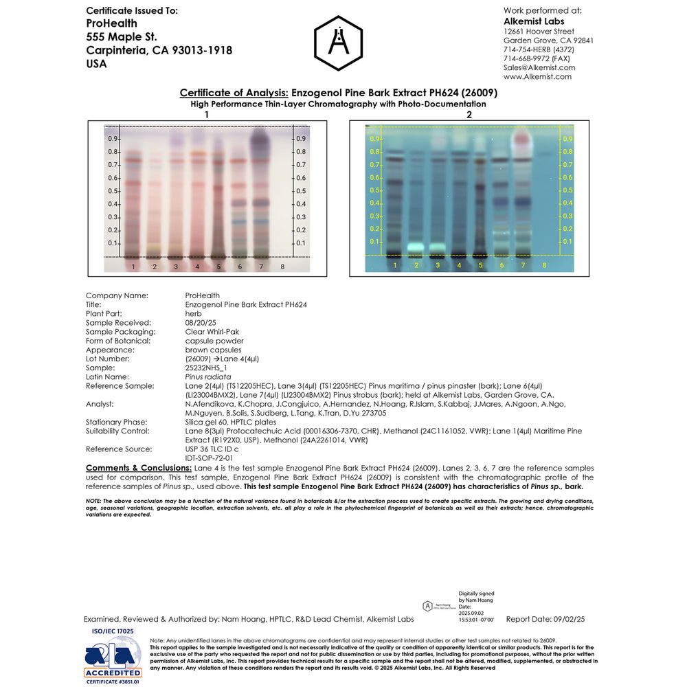 
                  
                    Enzogenol Pine Bark Extract Certificate of Analysis Page 1
                  
                