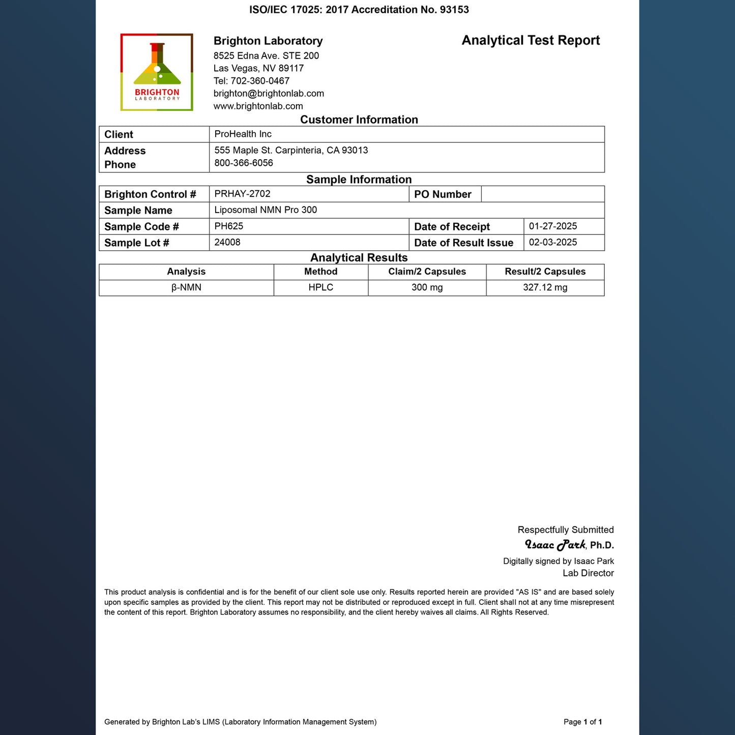 
                  
                    Liposomal NMN Pro 300™ Certificate of Analysis
                  
                
