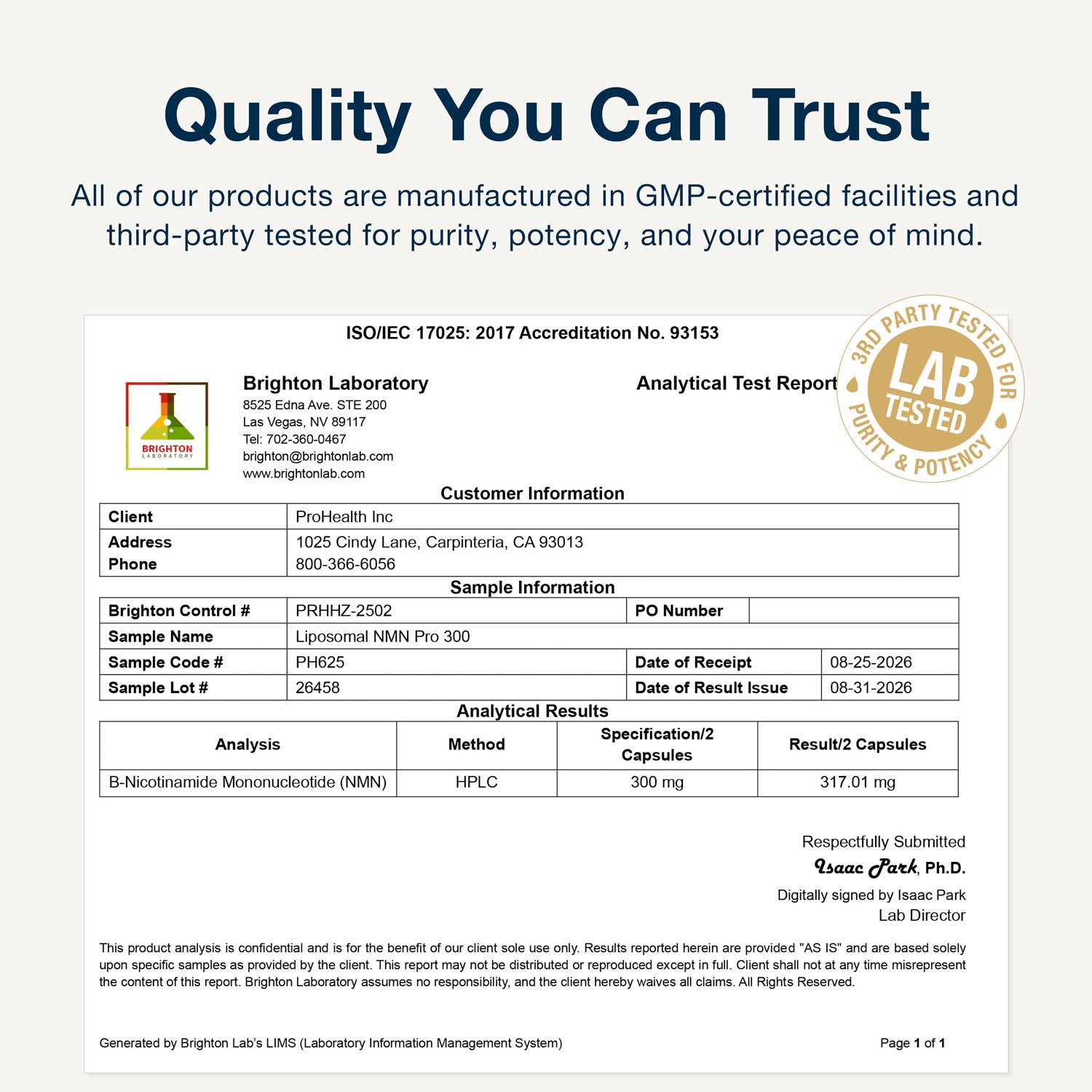 Liposomal NMN Pro™ 300 Certificate of Analysis