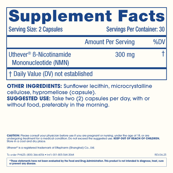 Liposomal NMN Pro™ 300 Supplement Facts and Label Information