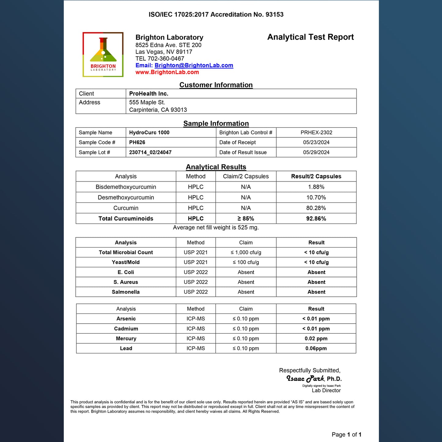 
                  
                    HydroCurc® Certificate of Analysis
                  
                