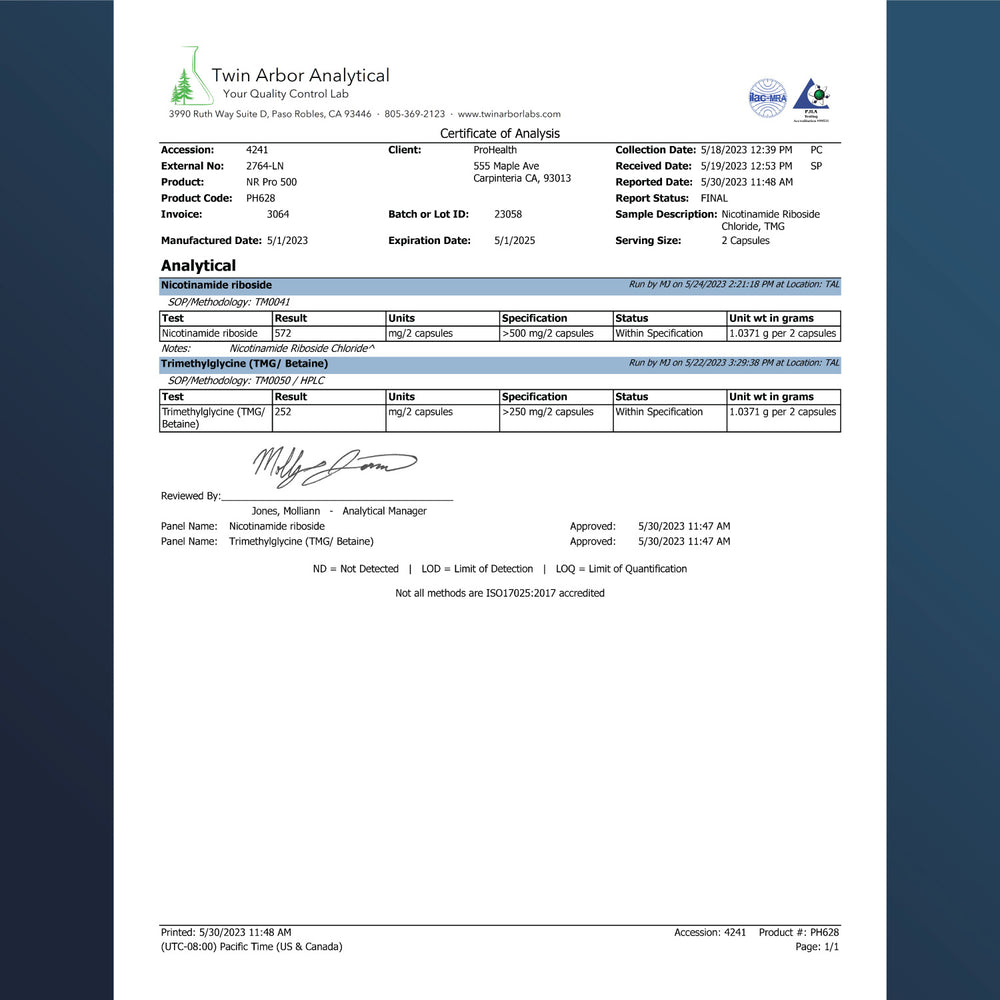 
                  
                    NMN Pro 500 + Nicotinamide Riboside Pro Bundle Certificate of Analysis
                  
                