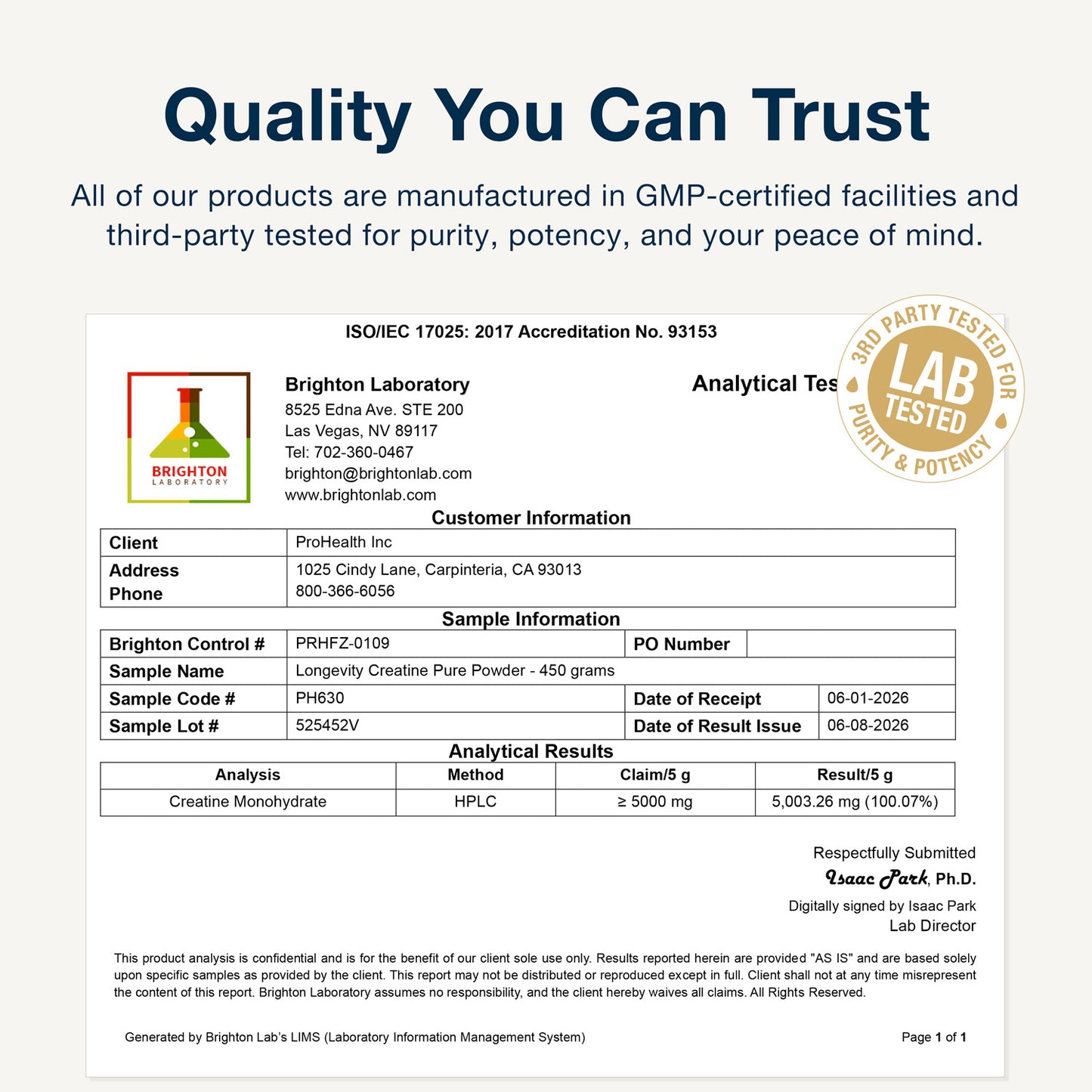 
                  
                    Longevity Creatine Pure Powder Certificate of Analysis
                  
                