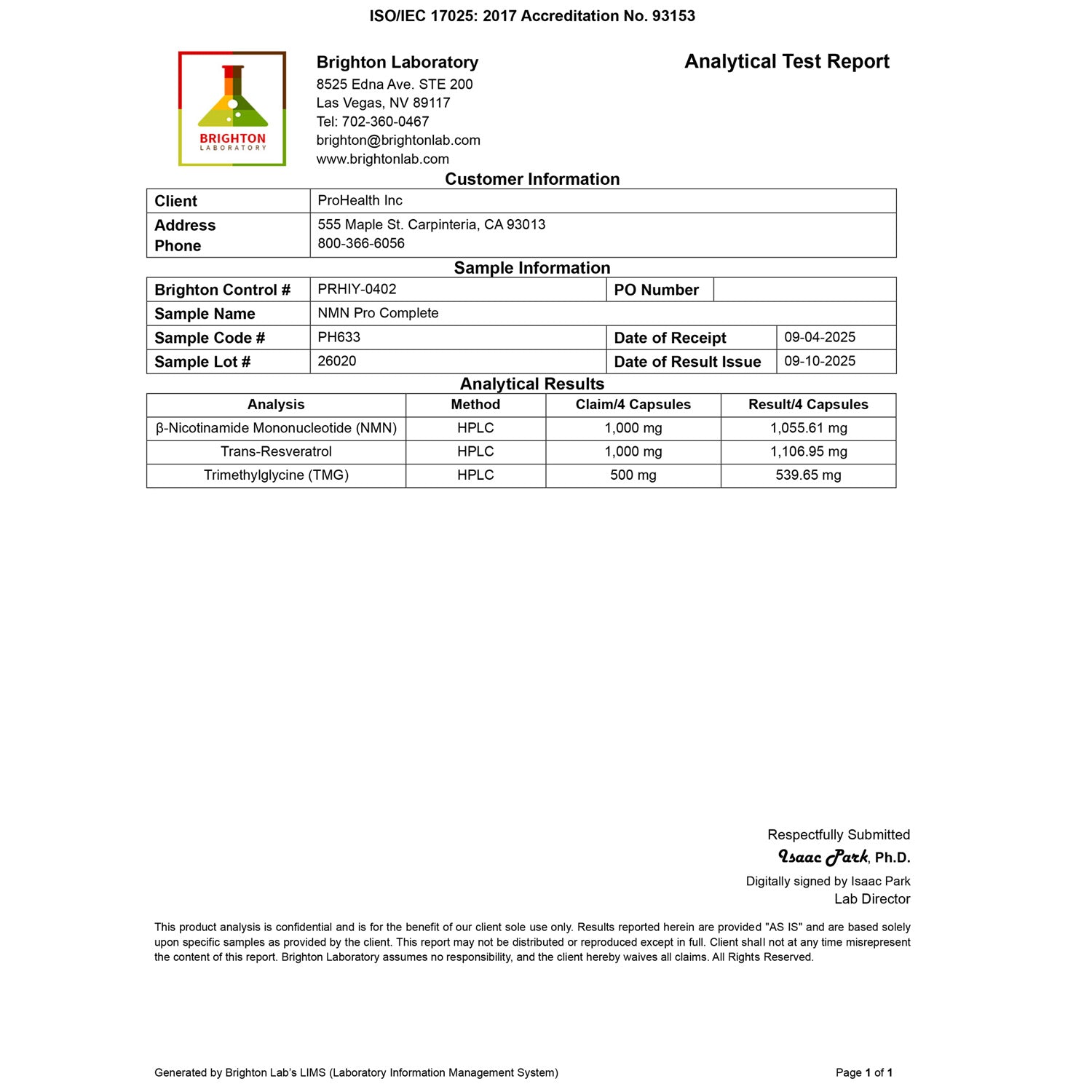 NMN Pro™ Complete Capsules Certificate of Analysis
