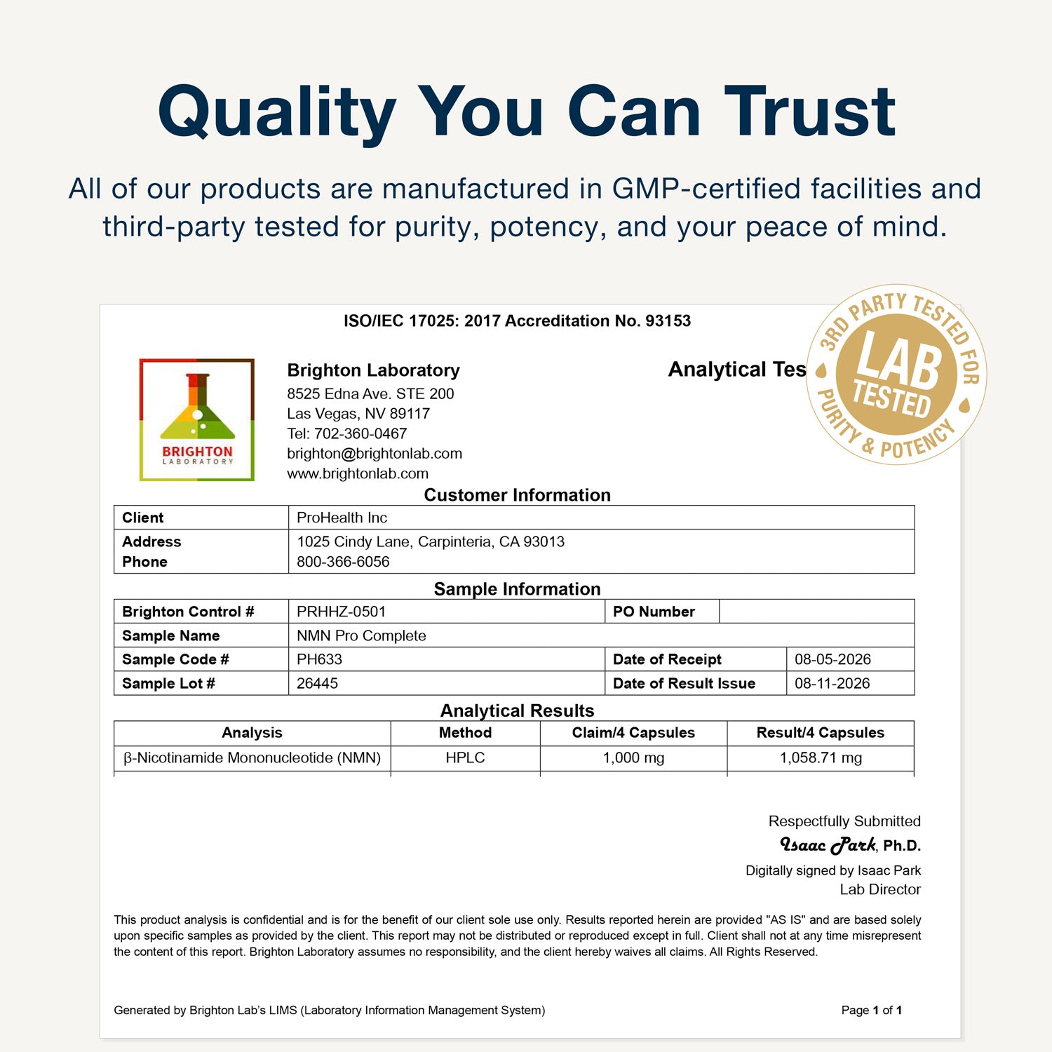 NMN Pro™ Complete Capsules Certificate of Analysis