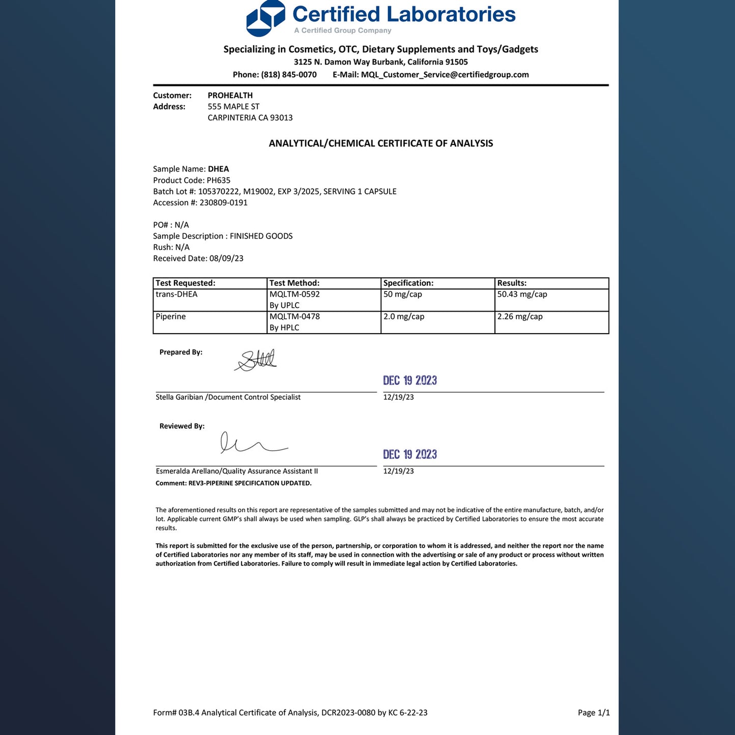 
                  
                    DHEA Certificate of Analysis
                  
                