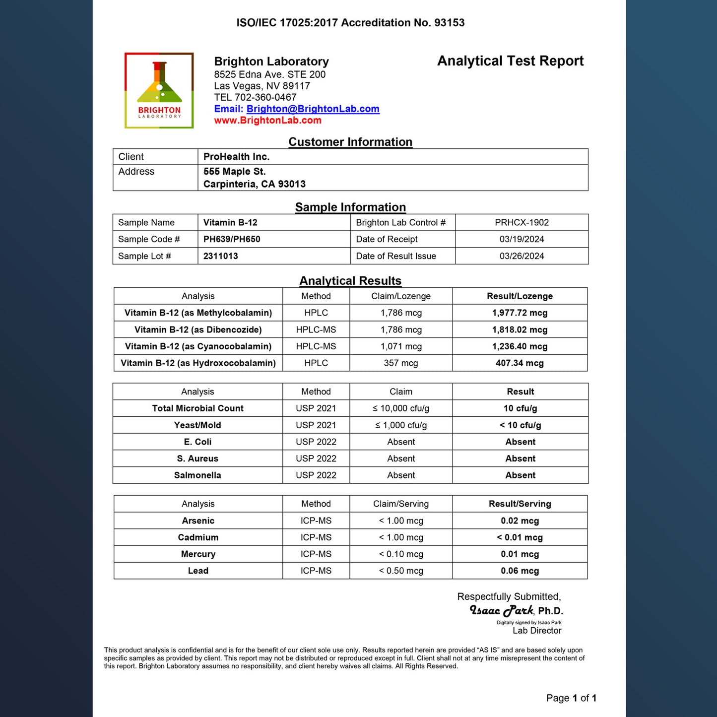 
                  
                    Vitamin B-12 5000 mcg 120 lozenges Certificate of Analysis
                  
                