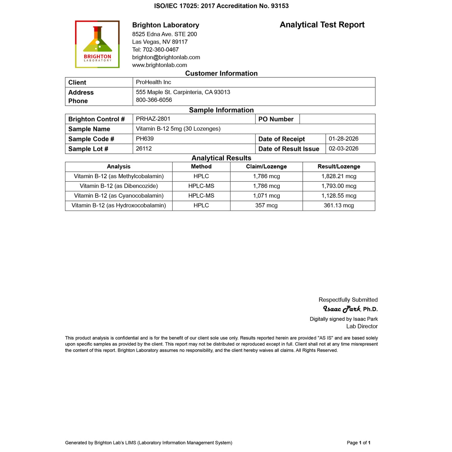 
                  
                    Vitamin B-12 - 5000 mcg Certificate of Analysis
                  
                