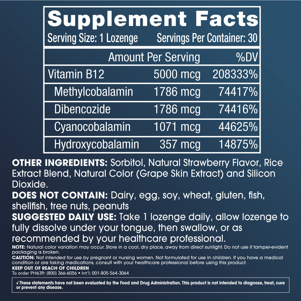 ProHealth Vitamin B-12, Supports Metabolism, 30 Lozenges, 3rd-Party Tested, 5,000 mcg, Dietary Supplement