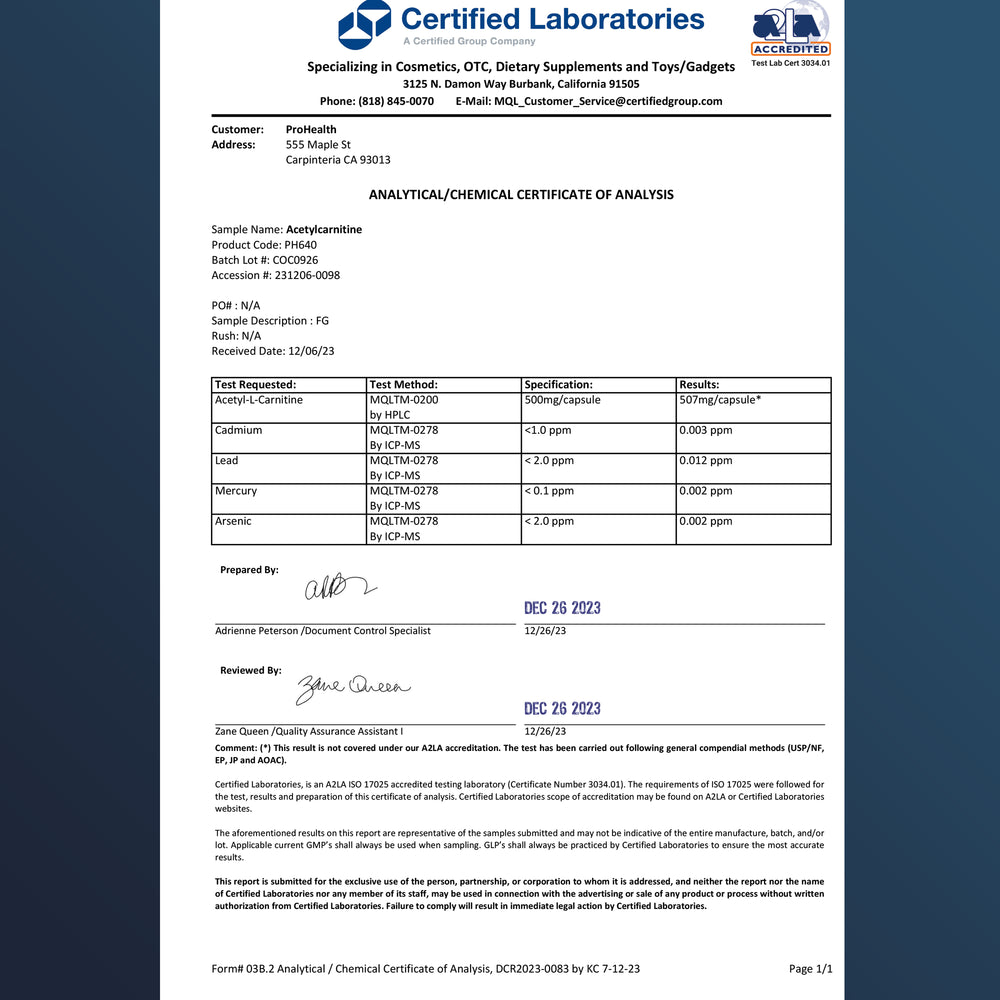 
                  
                    Acetyl-L-Carnitine Certificate of Analysis
                  
                