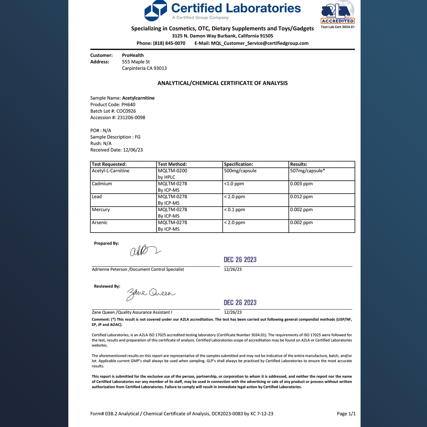 
                  
                    Acetyl-L-Carnitine Certificate of Analysis
                  
                