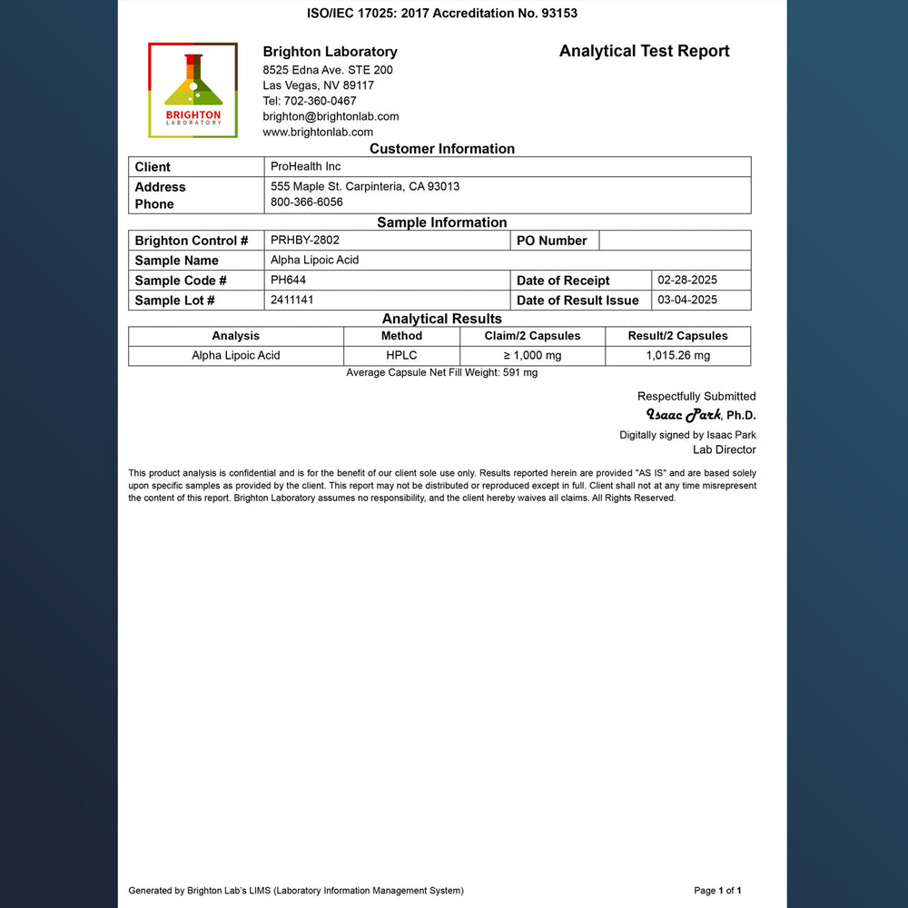 Alpha Lipoic Acid Certificate of Analysis