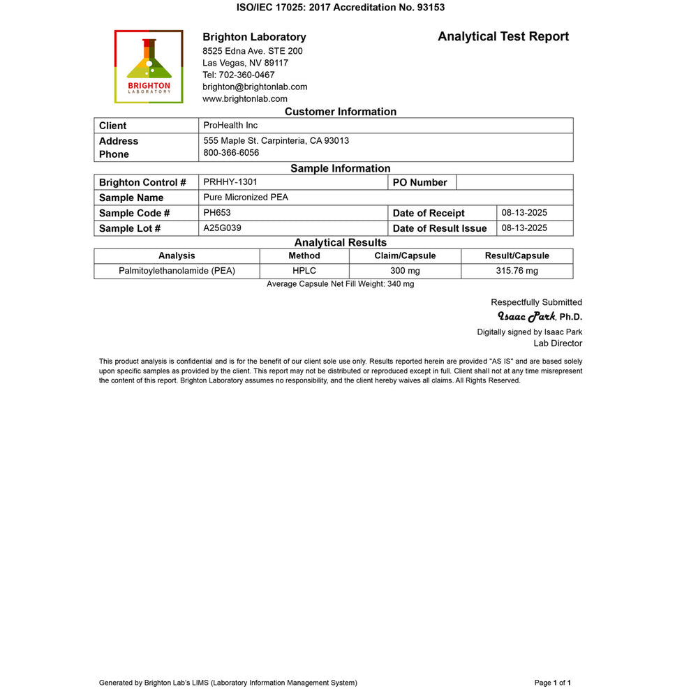 
                  
                    Pure Micronized P.E.A. Certificate of Analysis
                  
                