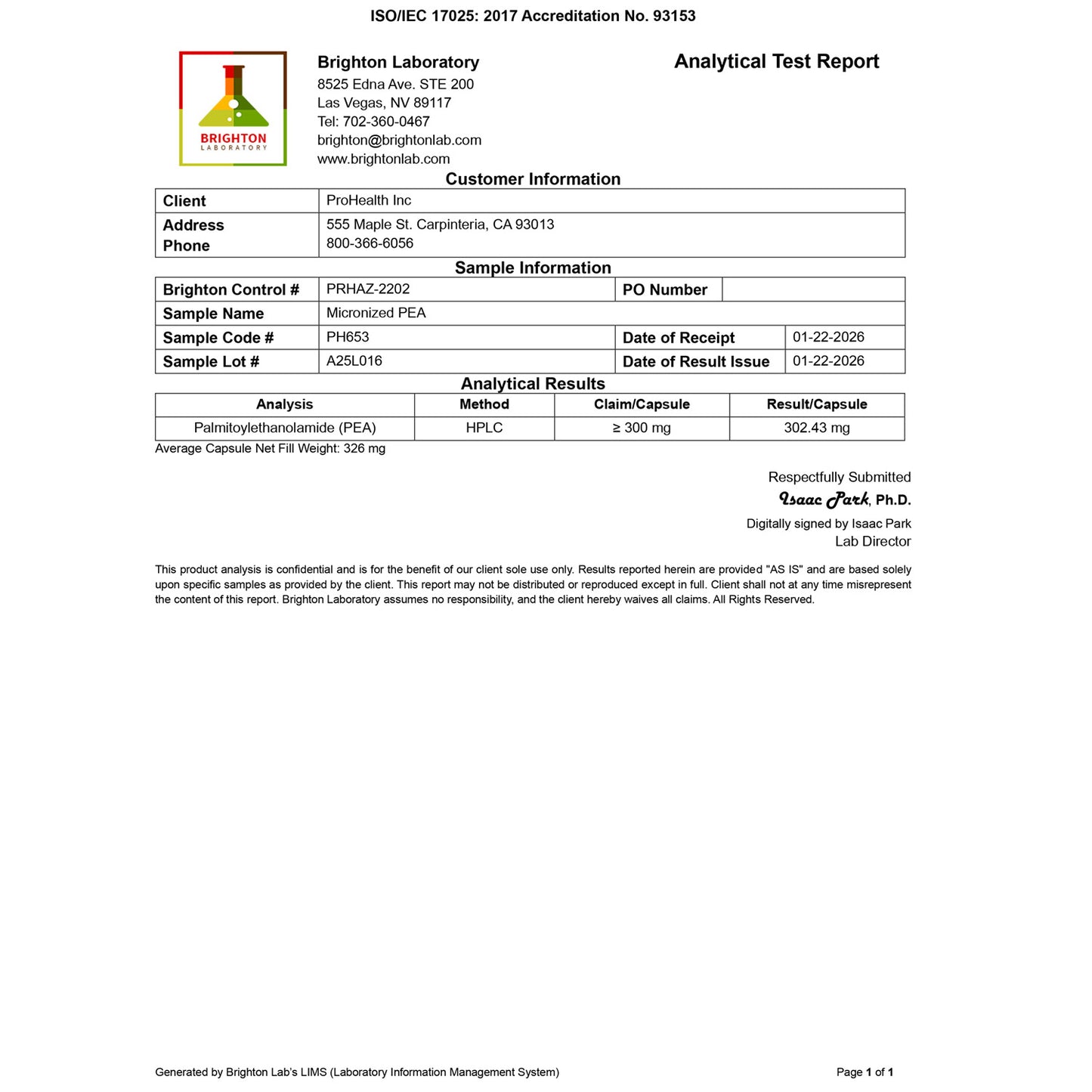 
                  
                    Pure Micronized P.E.A. Certificate of Analysis
                  
                