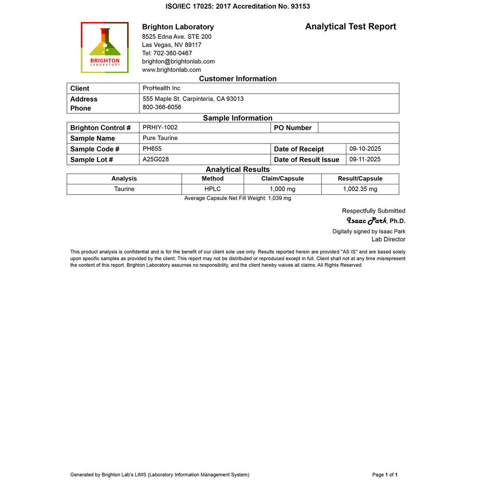 
                  
                    Pure Taurine Certificate of Analysis
                  
                