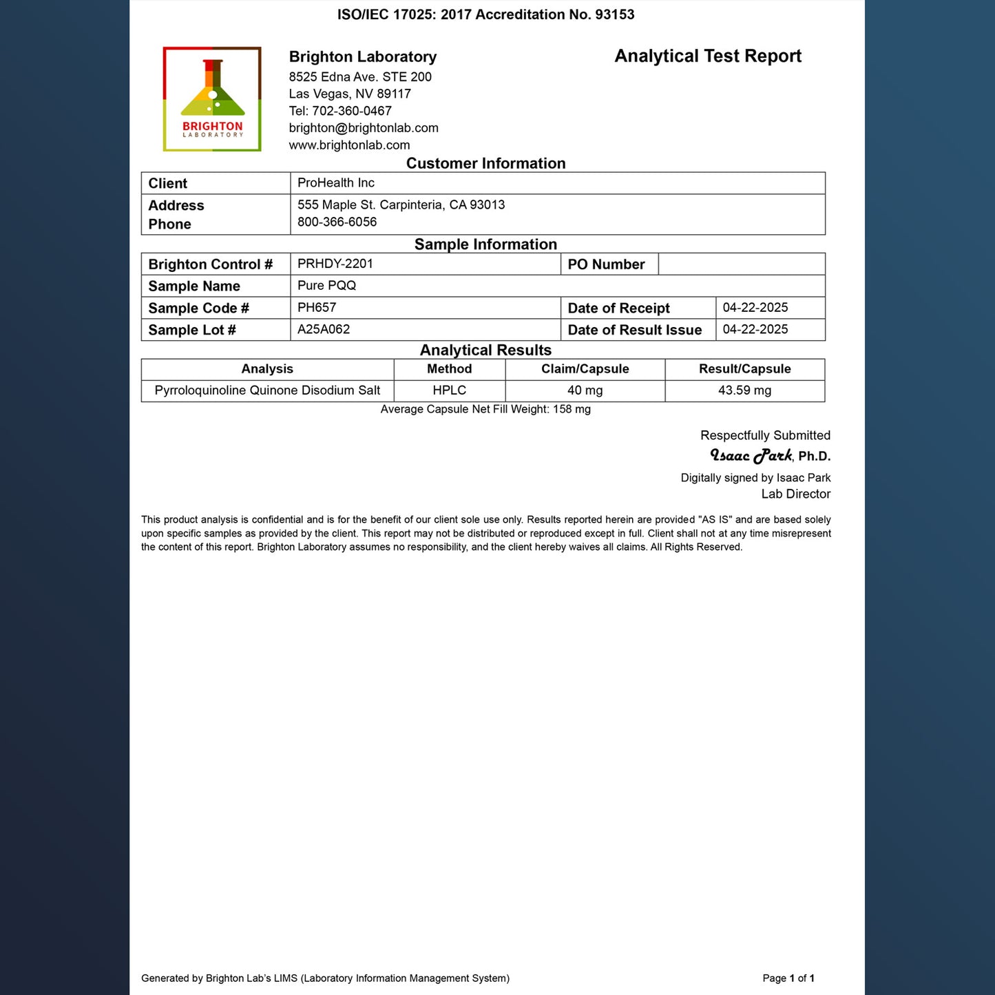 
                  
                    Pure PQQ Certificate of Analysis
                  
                