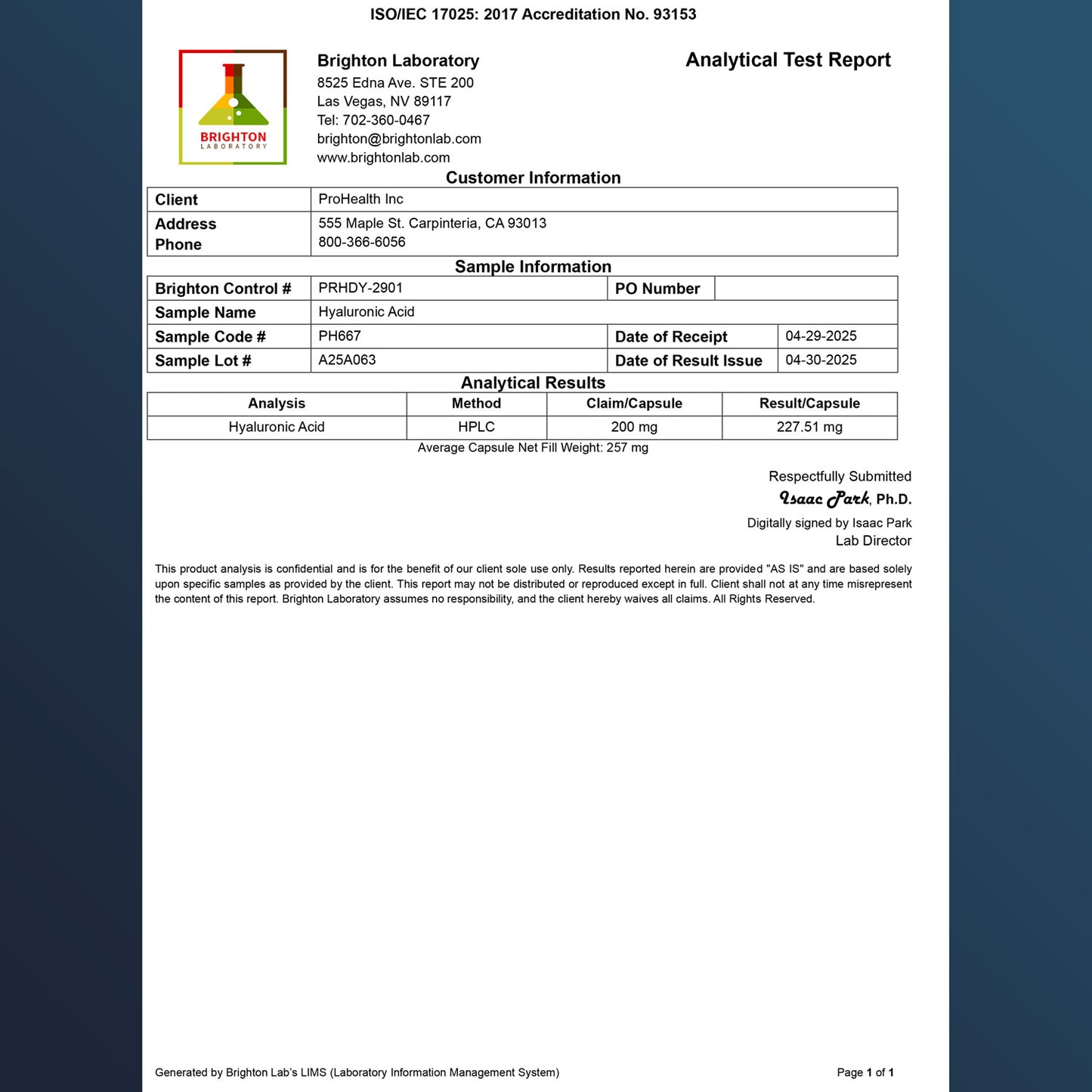 
                  
                    Hyaluronic Acid Certificate of Analysis
                  
                