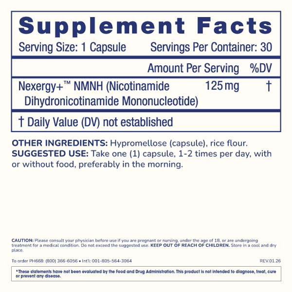 
                  
                    Essentials NMNH 125 Nexergy+ Supplement Facts Image
                  
                