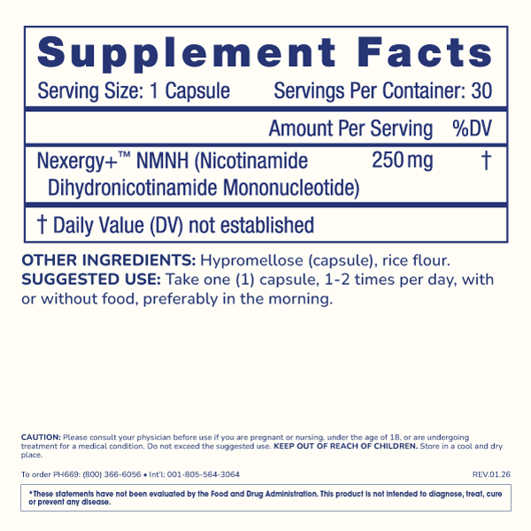 
                  
                    Essentials NMNH 250 Nexergy+ Supplement Facts Image
                  
                