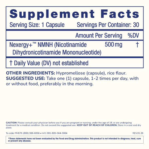 
                  
                    Essentials NMNH 500 Nexergy+ Supplement Facts Image
                  
                