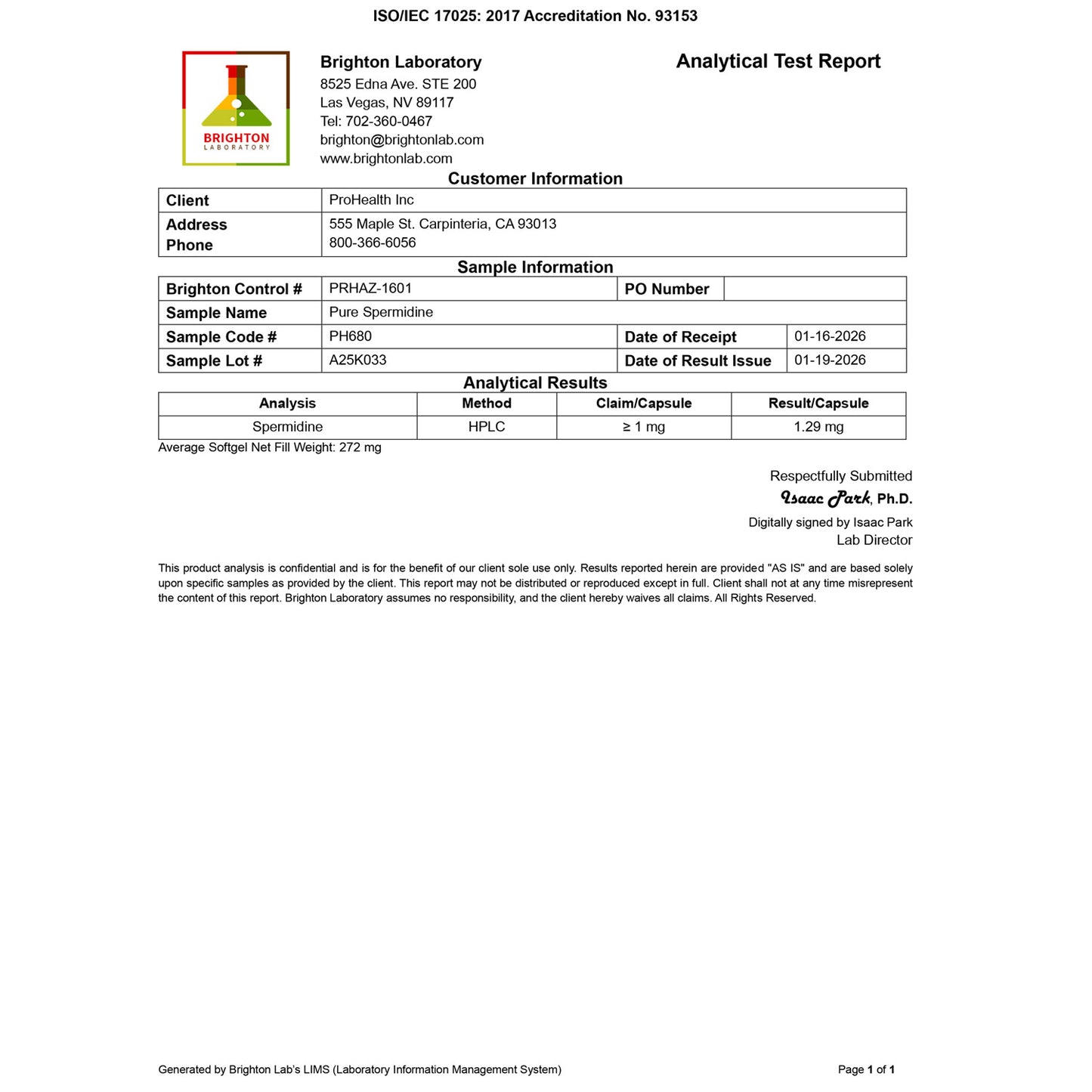 
                  
                    Pure Spermidine Certificate of Analysis
                  
                