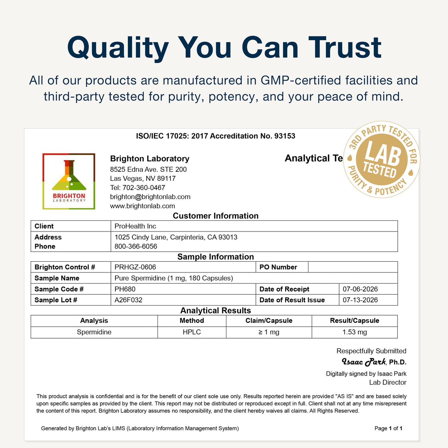 
                  
                    Pure Spermidine Certificate of Analysis
                  
                