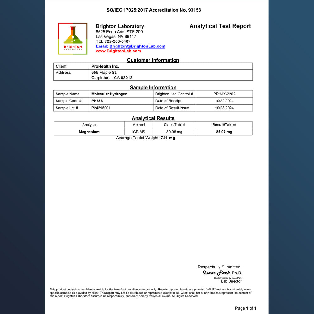 Molecular Hydrogen Certificate of Analysis