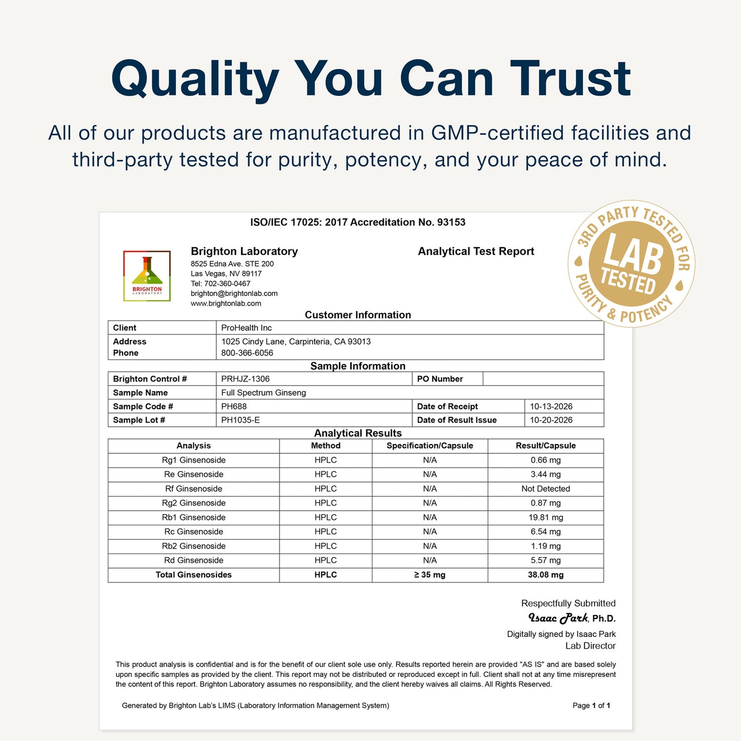 
                  
                    Full Spectrum Ginseng Certificate of Analysis
                  
                