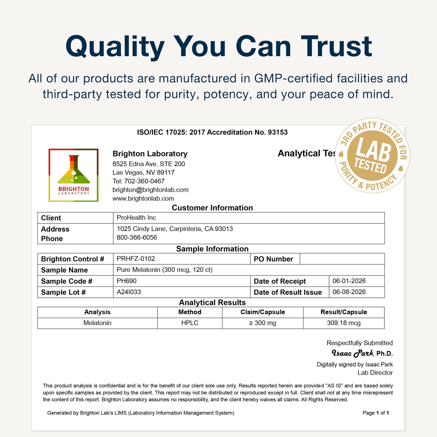 
                  
                    Pure Melatonin 300 mcg Certificate of Analysis
                  
                